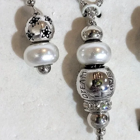Silver Tone Pearl Necklace Earrings Set 32" Dream Love Laugh Charm Beaded - Picture 3 of 4